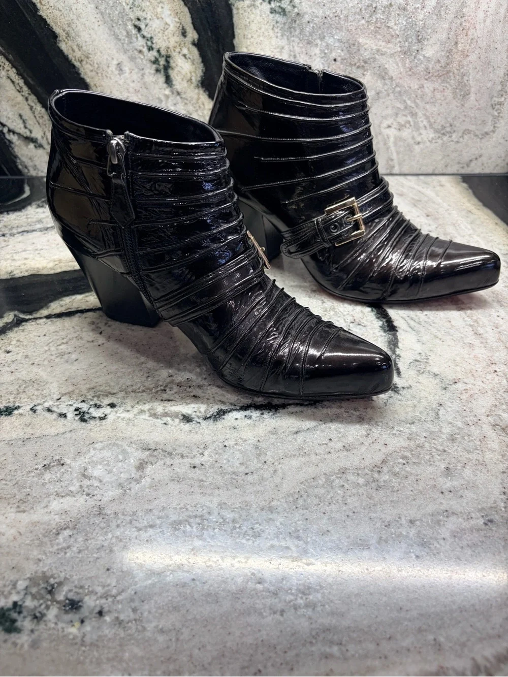 Silvano Lattanzi Black Patent Leather Buckle Ankle Boots Heels Size 38 Italy